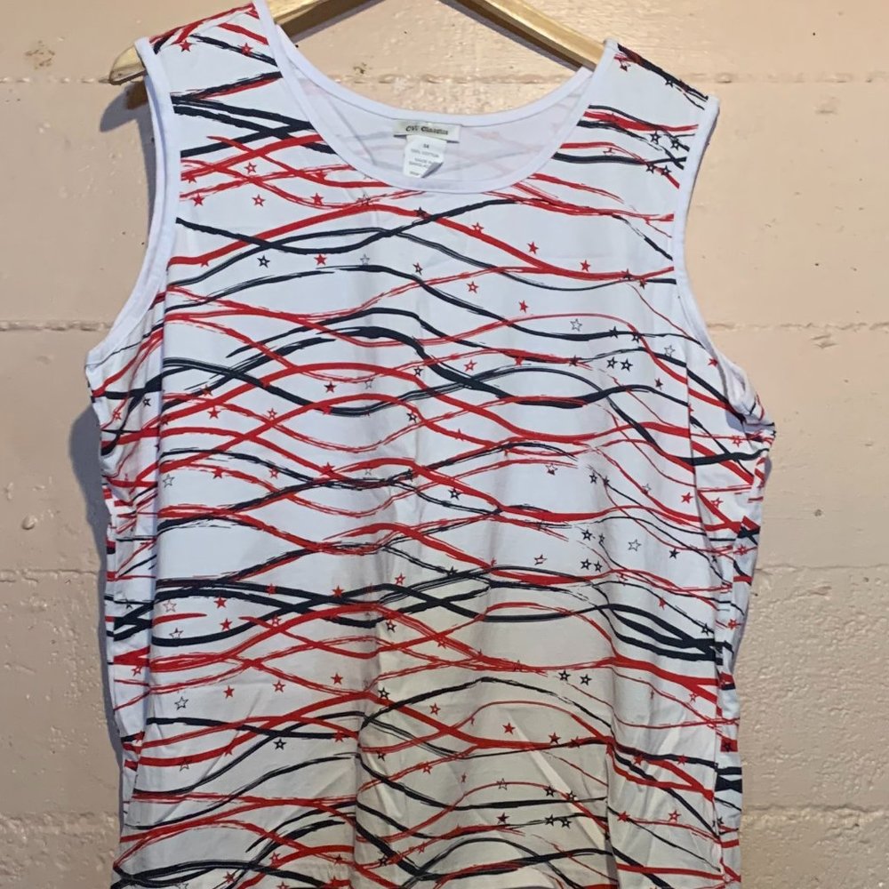 Sleeveless tank top - White with red and blue wavy line pattern 3XL